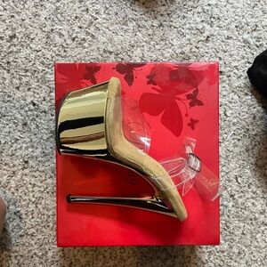 Pleaser Gold Heels in Scarlet Butterfly Box